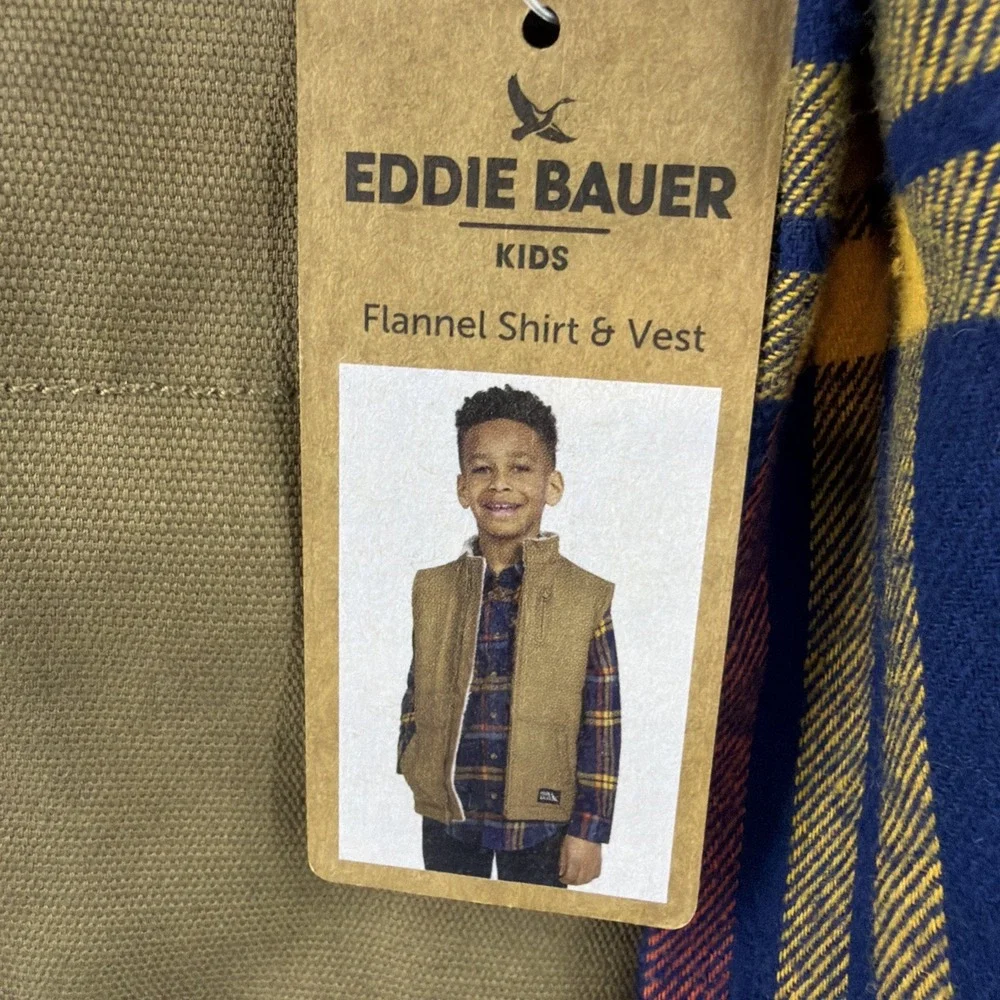 Eddie Bauer Kids Size 6 Tan Faux Sherpa Lined Vest‎ Blue Plaid Flannel Shirt Set